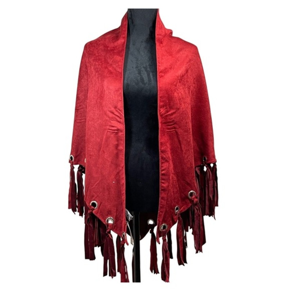 Red Faux Suede Fringe Grommet Shawl Wrap Cape steampunk western ‎ boho layering